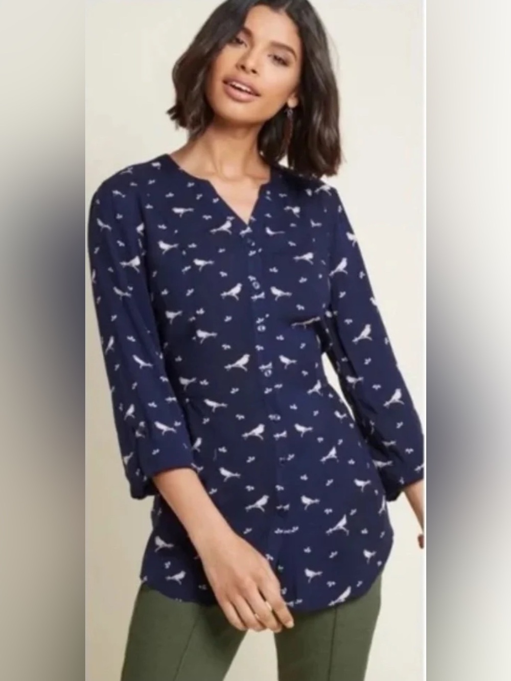 Mod Cloth Shirt Long Sleeve Blouse Top Navy Blue Novelty Bird Print Plus Size 1X
